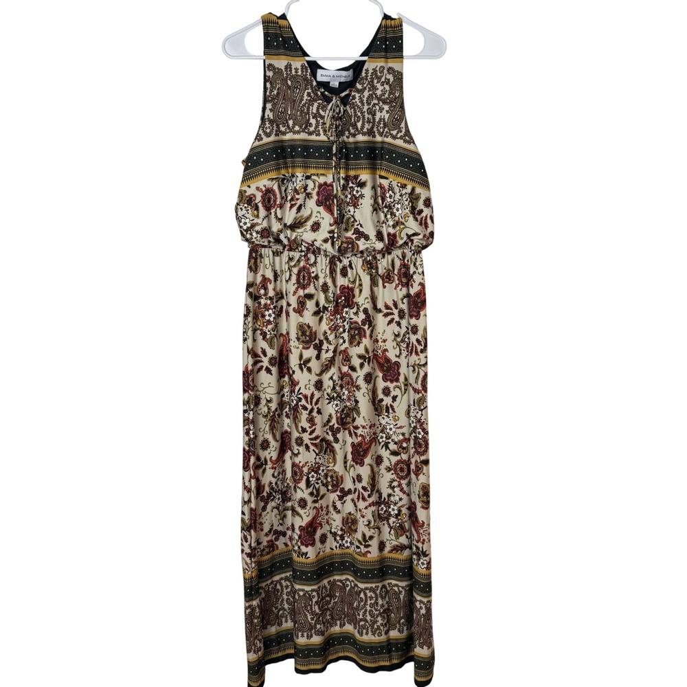 EMMA & MICHELE Paisley Floral Print Maxi Dress Womens Size L Sleeveless Tie Neck